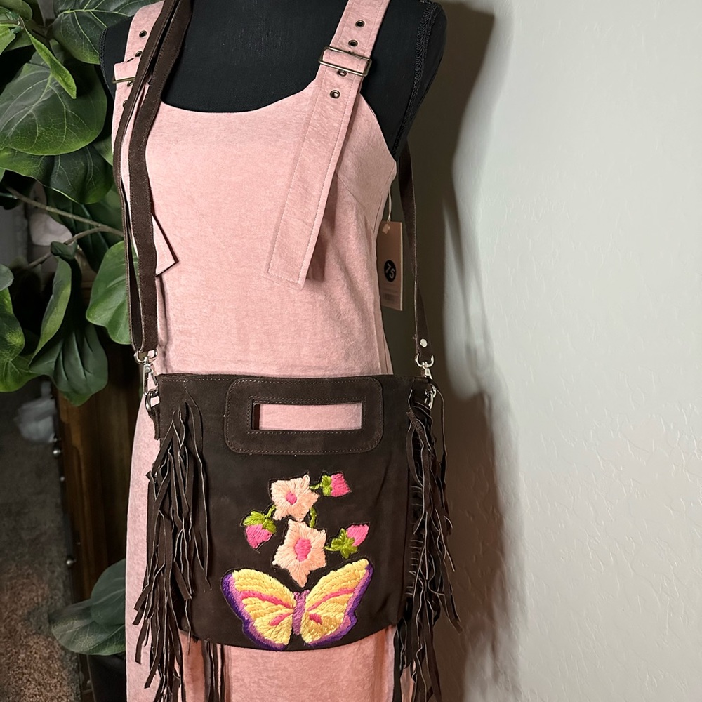 Anthropologie | RAJ Fringe Suede Bag with Butterfly Embroidery